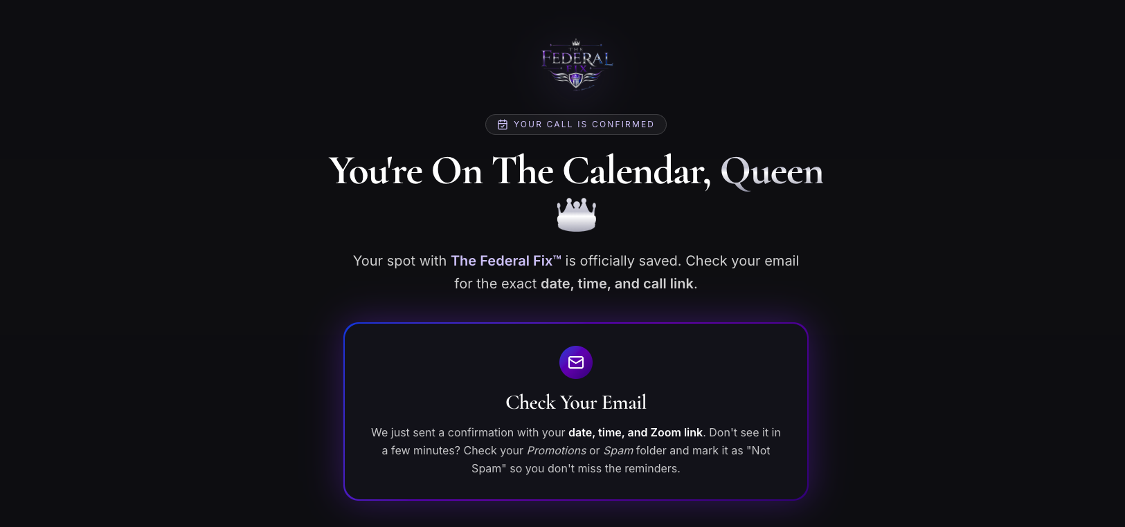 Federal Fix — Confirmation — Booking Confirmation Page