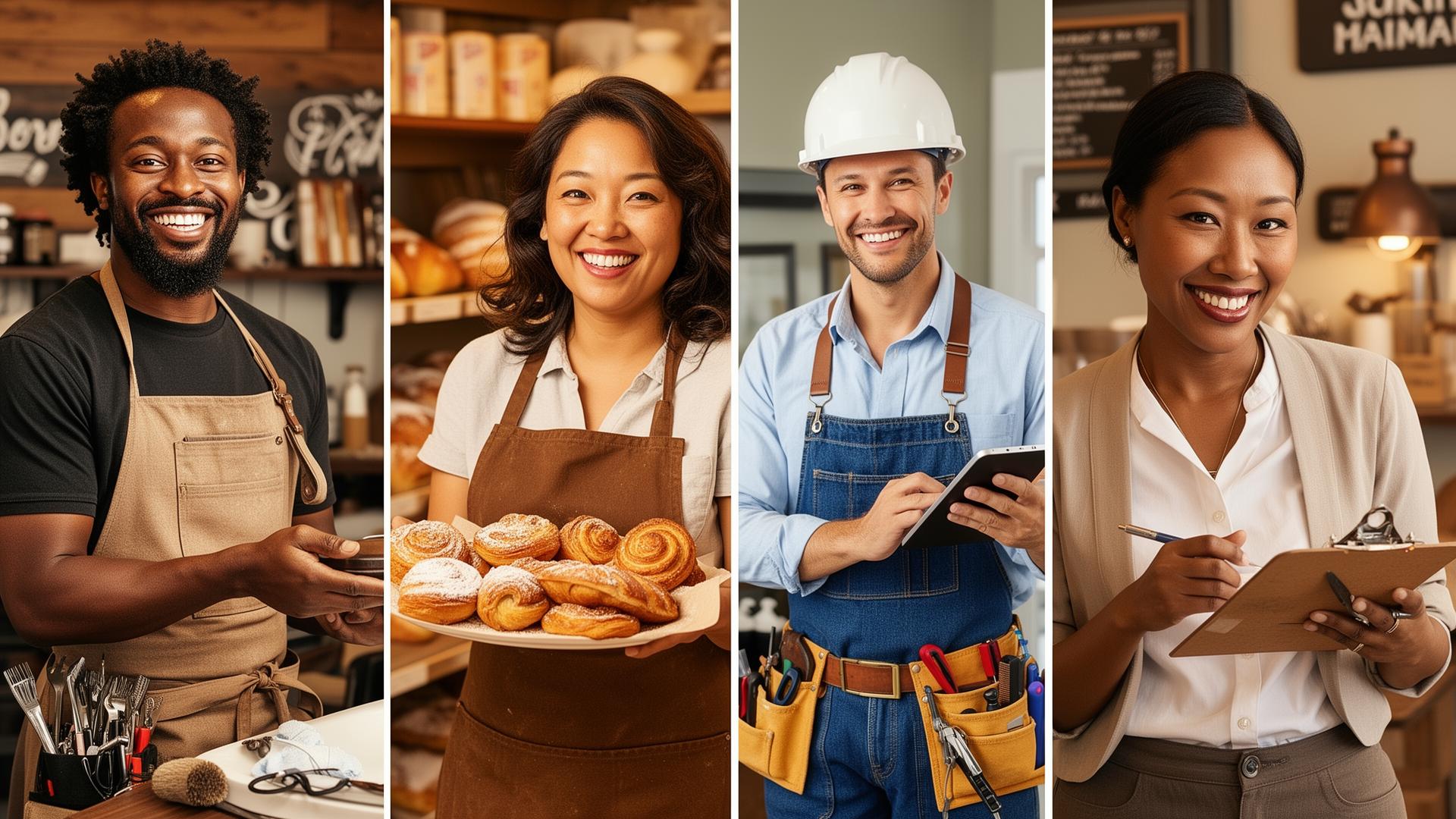 A diverse group of small business owners — barber, baker, contractor, and consultant