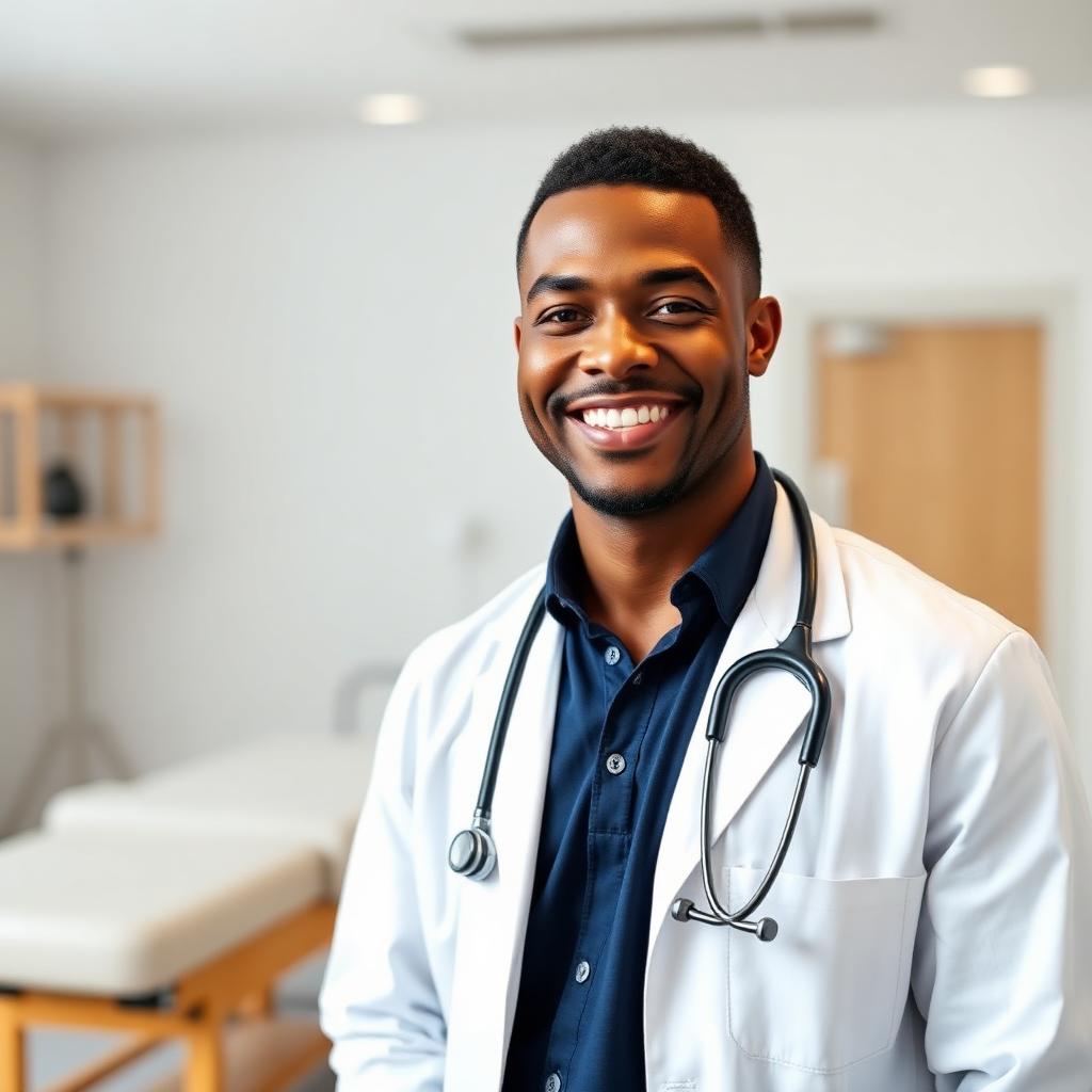 Smiling African American male chiropractor in a modern clinic