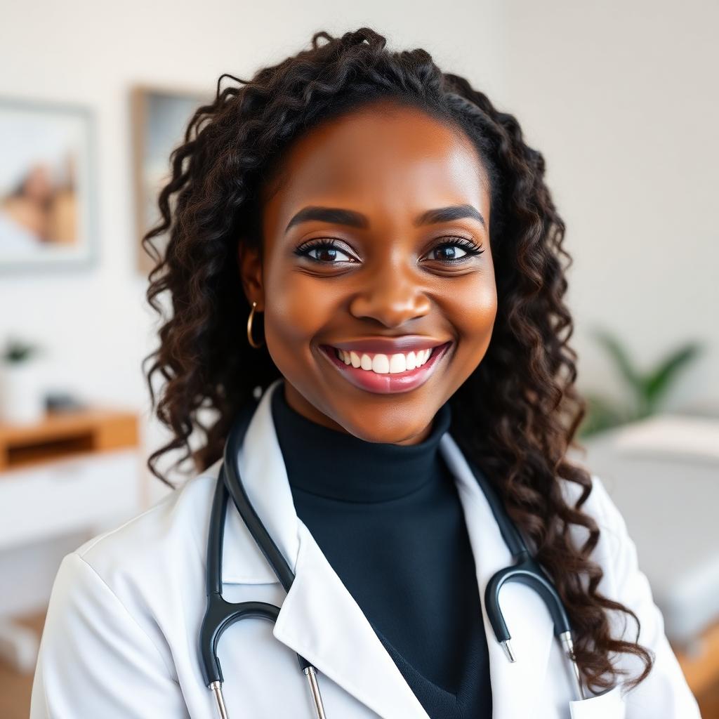Smiling African American female chiropractor in a white clinical coat