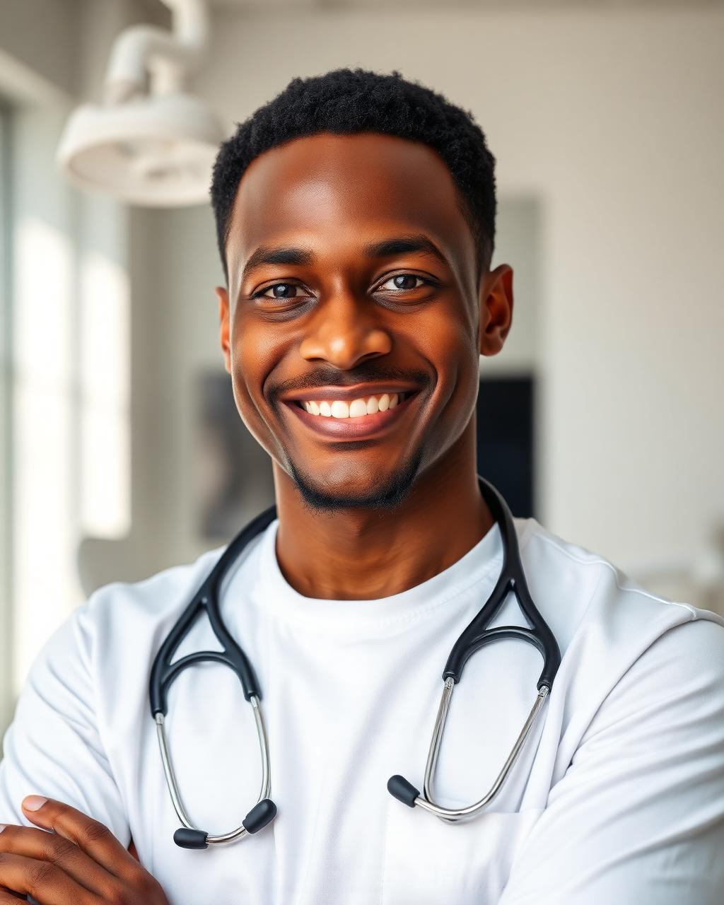 Smiling African American dentist in scrubs in a modern dental practice