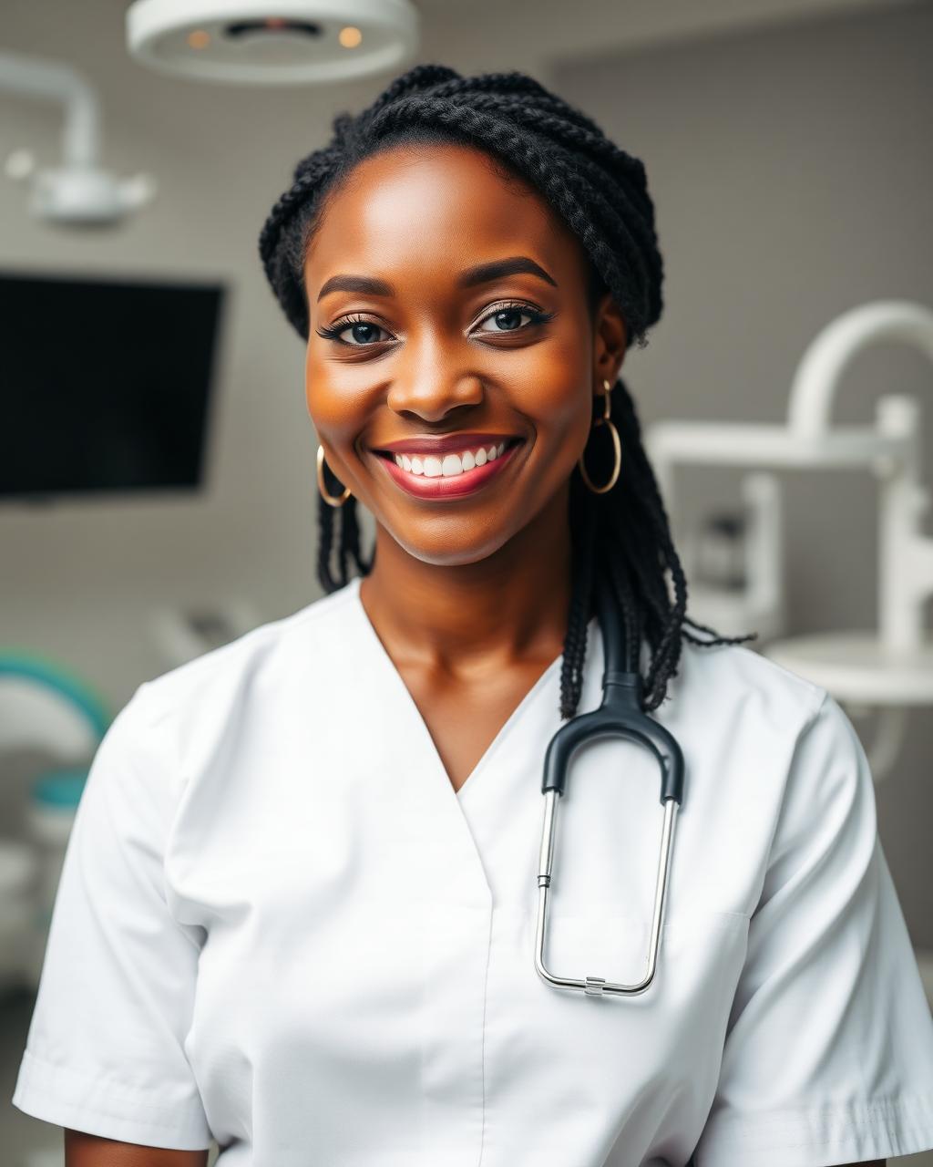 Smiling African American woman dentist in white scrubs in a modern dental office
