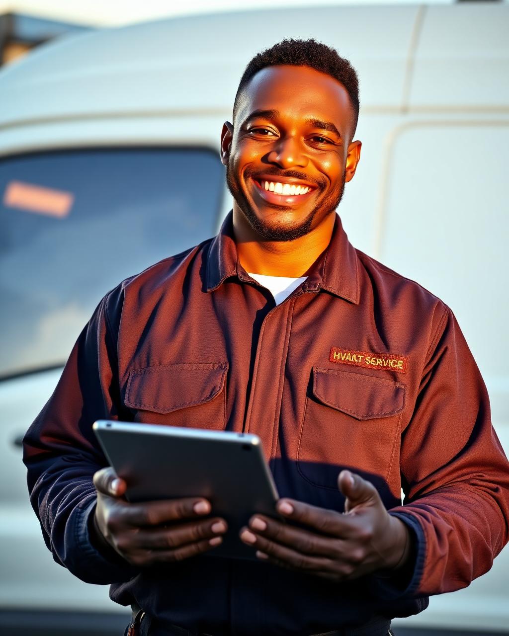 Smiling African American HVAC technician in front of a service van