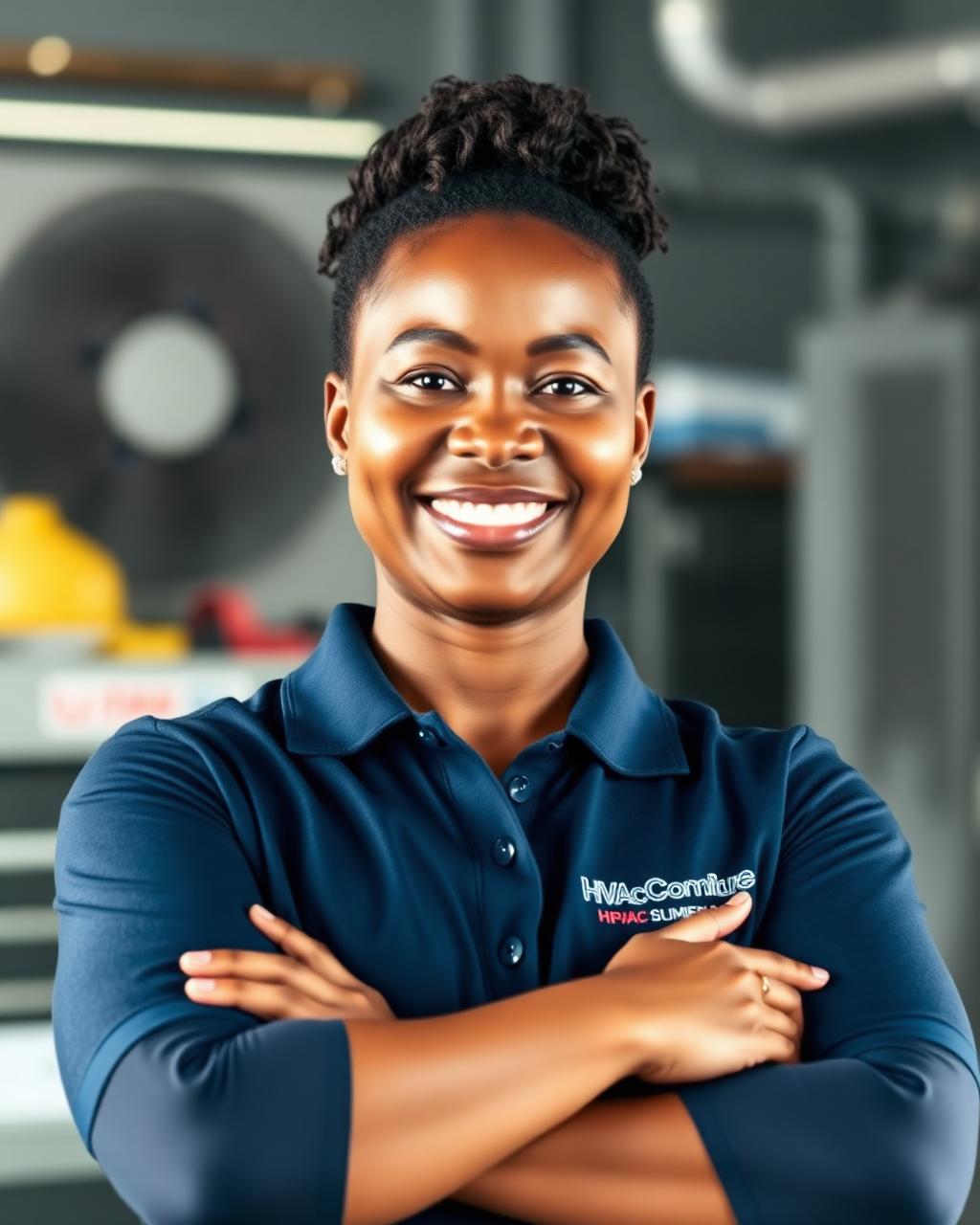 Smiling African American woman HVAC business owner in a navy company polo