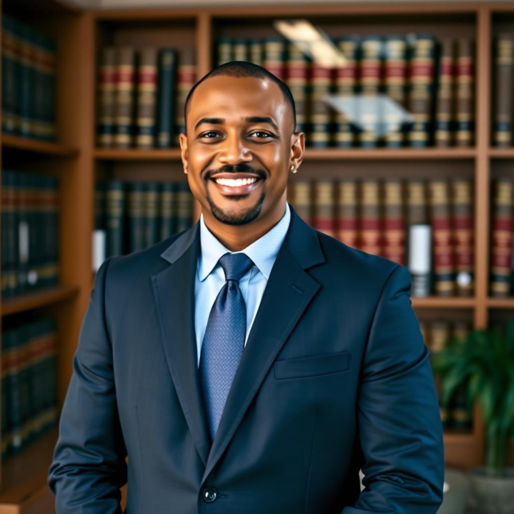 Smiling African American male attorney in a modern law office