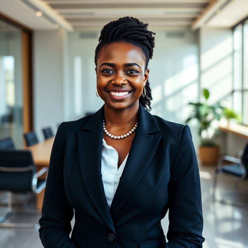 Smiling African American female attorney in a modern law firm