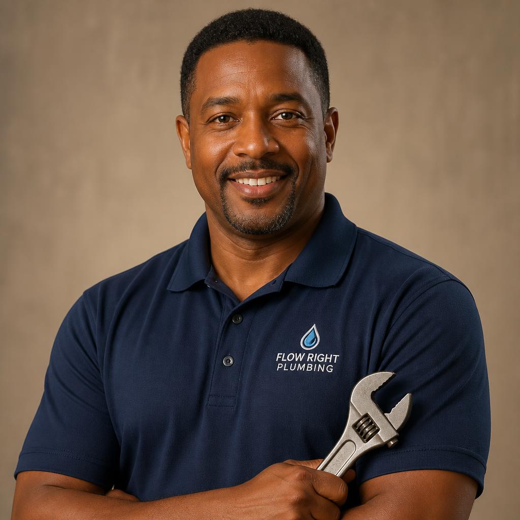 African-American male plumber holding a wrench in a modern kitchen