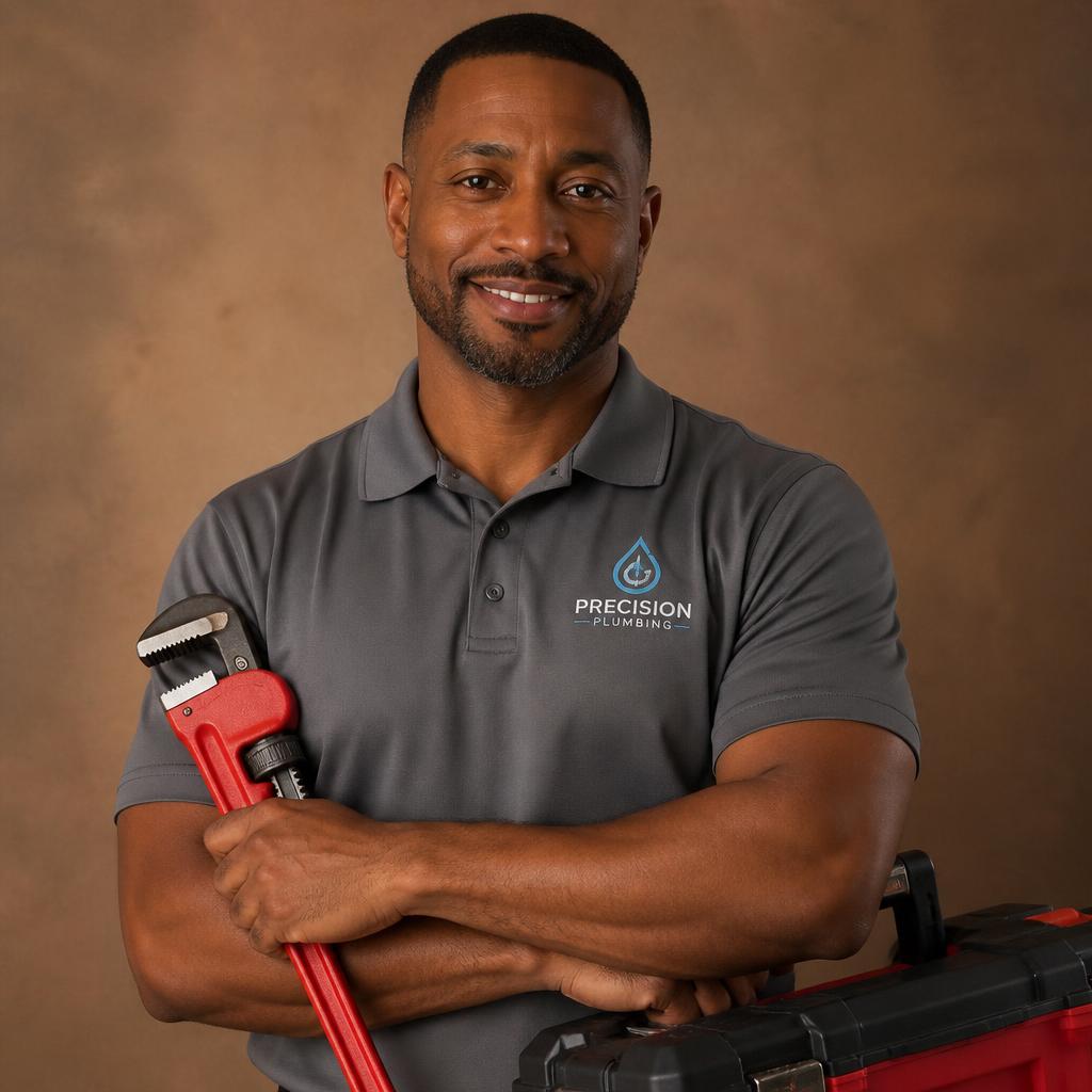 African-American male plumbing company owner in uniform holding a pipe wrench