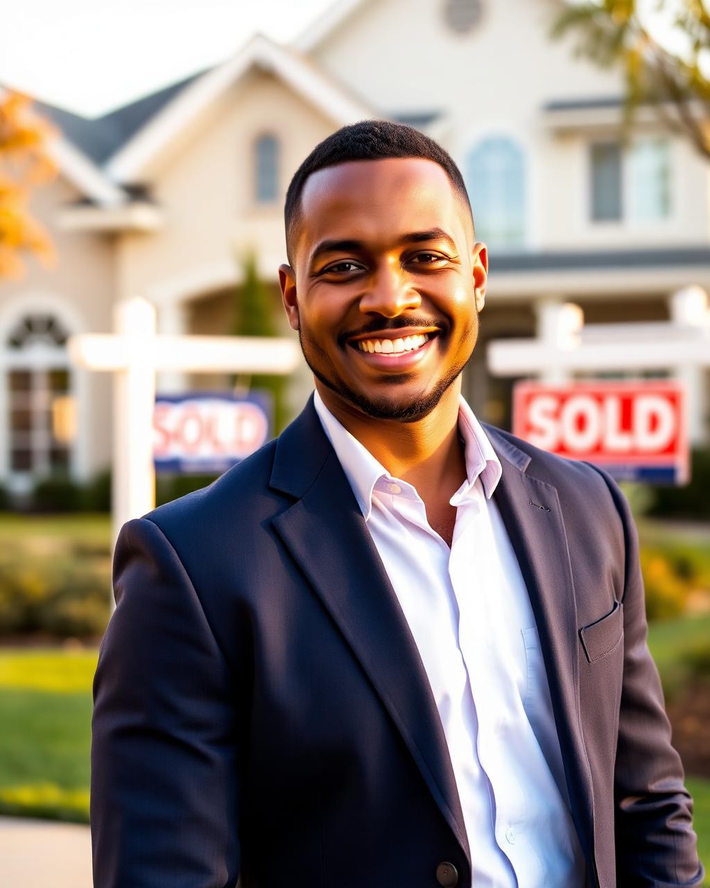 Smiling African American male realtor in a navy blazer in front of a Sold sign