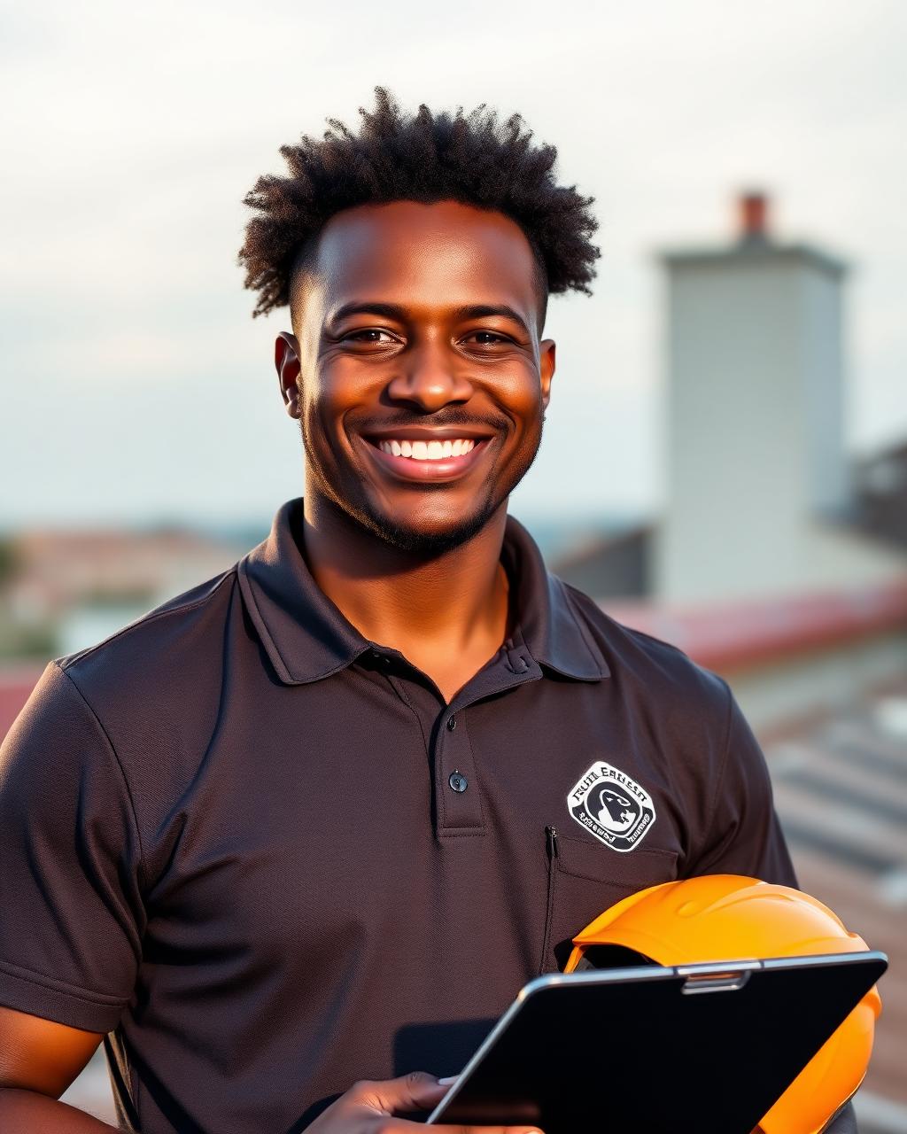 Smiling African American roofing contractor with a hard hat on a rooftop