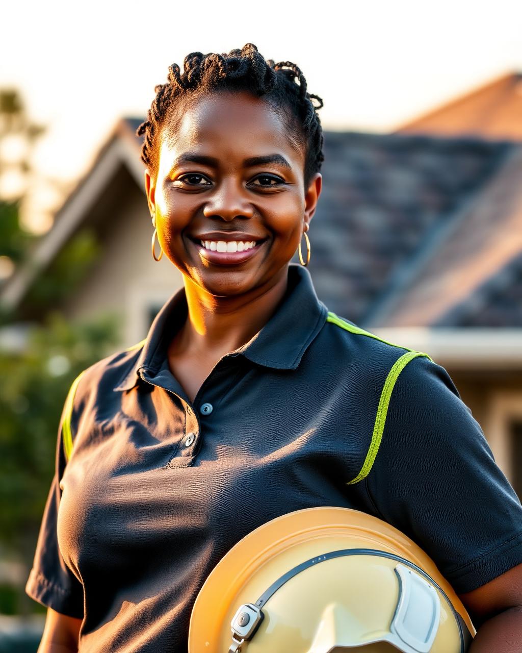 Smiling African American woman roofing company owner holding a hard hat