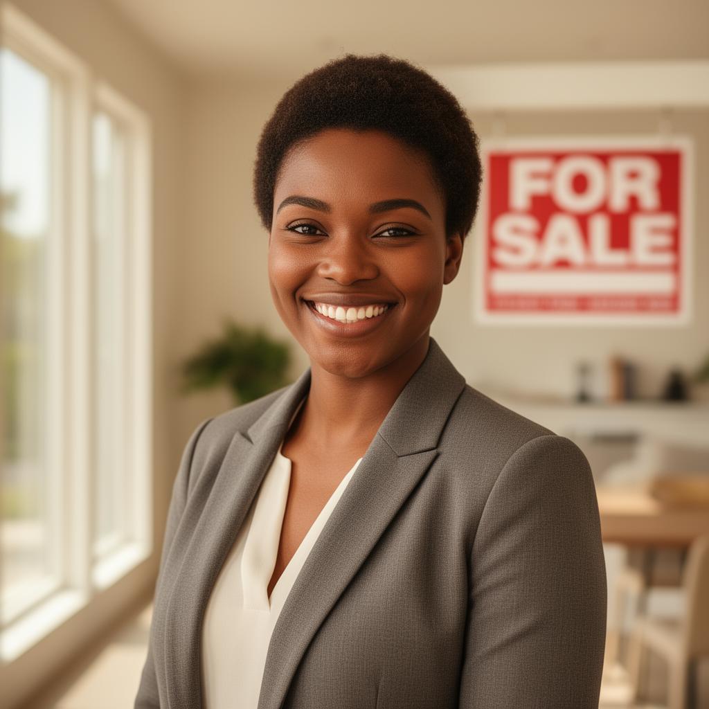 Smiling African American woman realtor in a modern home